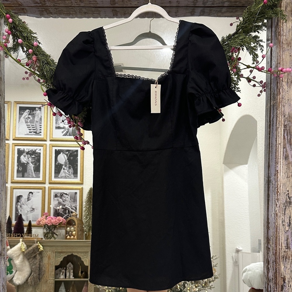 RIHOAS Black Square Neck Puff Sleeve Mini Dress with Ruffle Trim